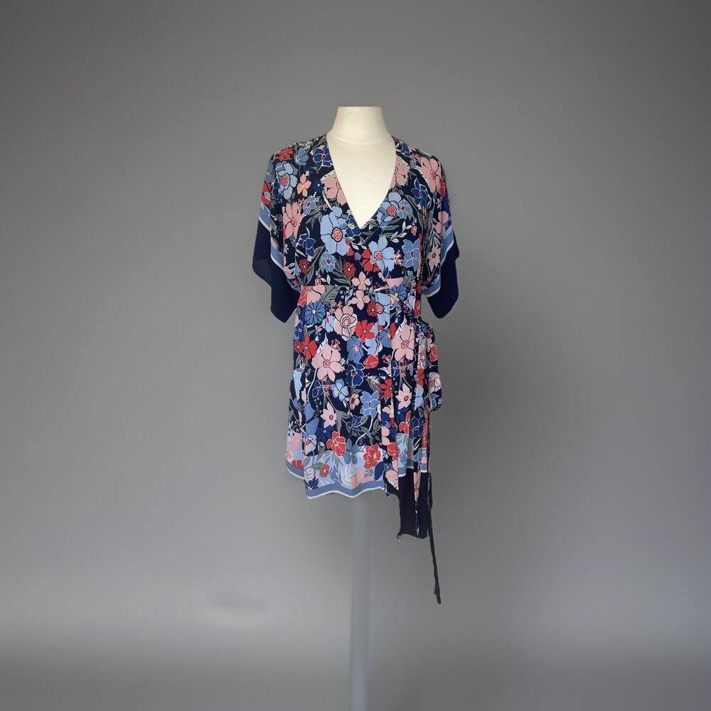 Motherhood Maternity Blue Pink Floral Kimono Wrap Dress Size Small Gently Loved